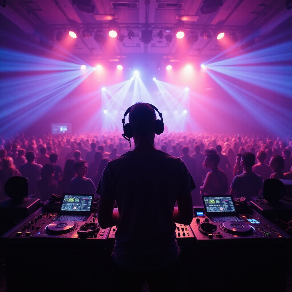 DJ at a concert, silhouetted against a crowd with vibrant pink and blue stage lighting.
