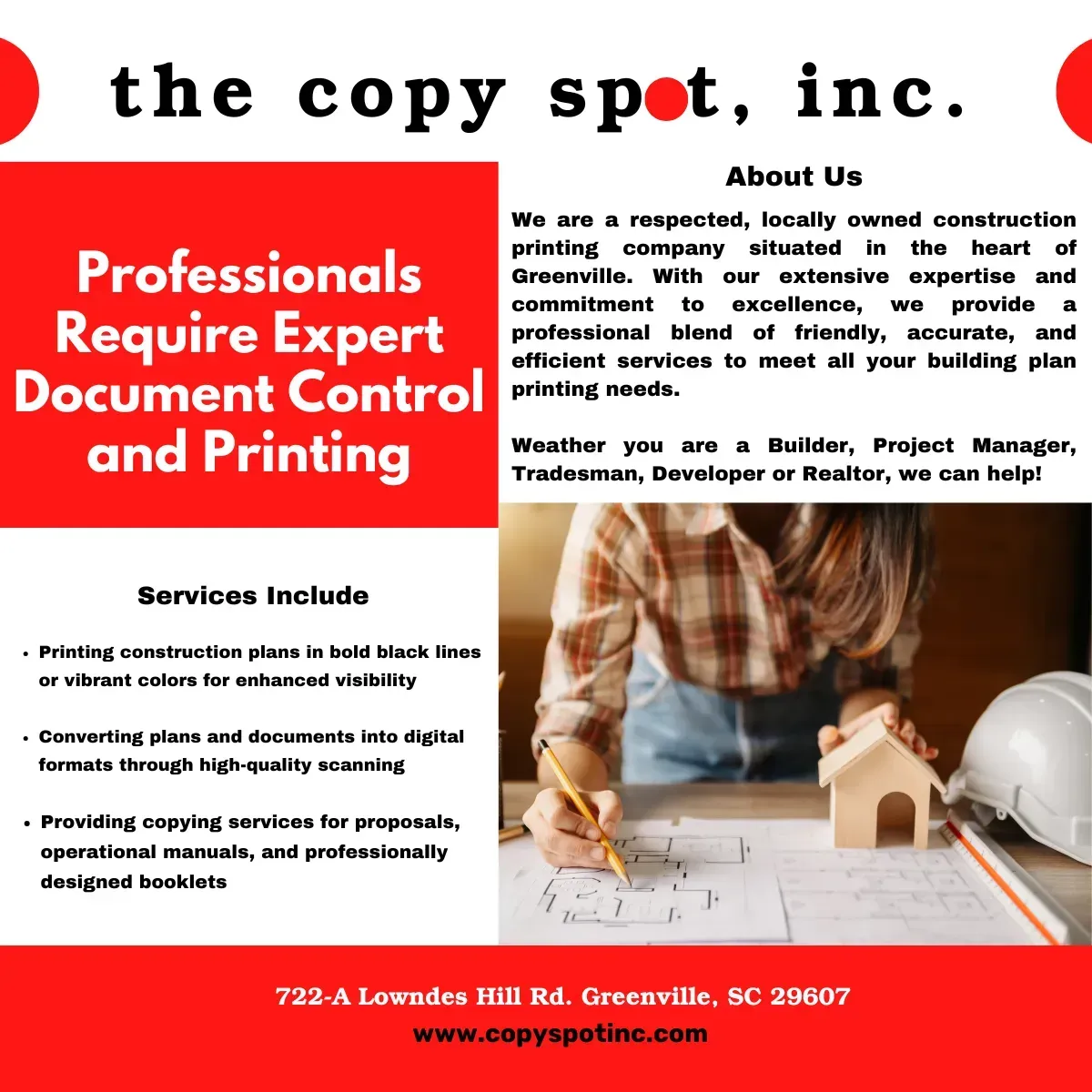 An advertisement for the copy spot inc. shows a woman writing on a piece of paper