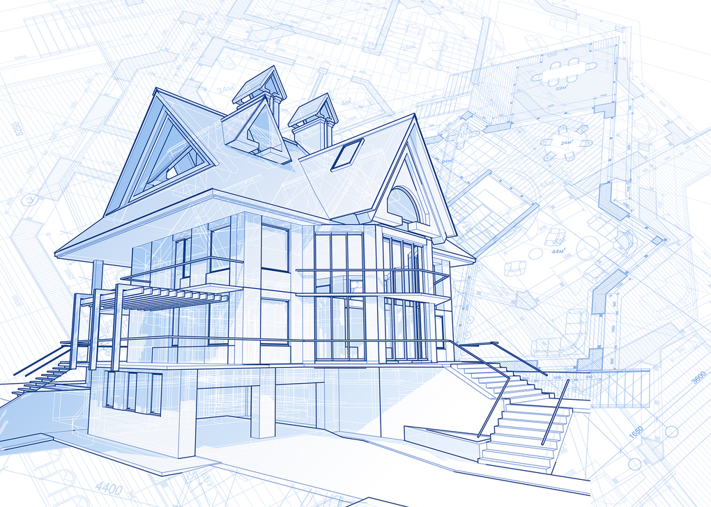 A blue and white drawing of a house on a white background