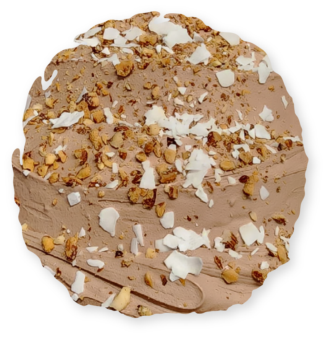 Chocolate cake topped with chopped nuts and coconut flakes.