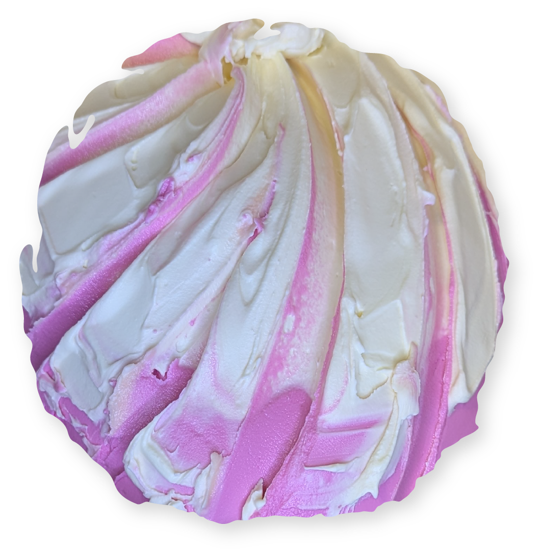Swirled marshmallow treat with pink and white stripes.