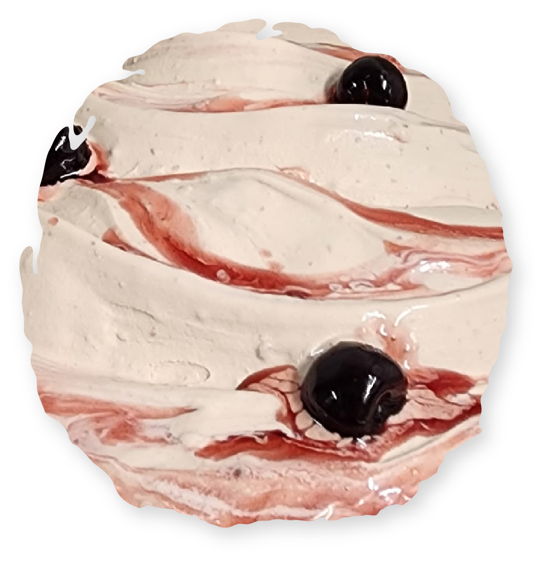 Ice cream swirl with cherry drizzle and three cherries.