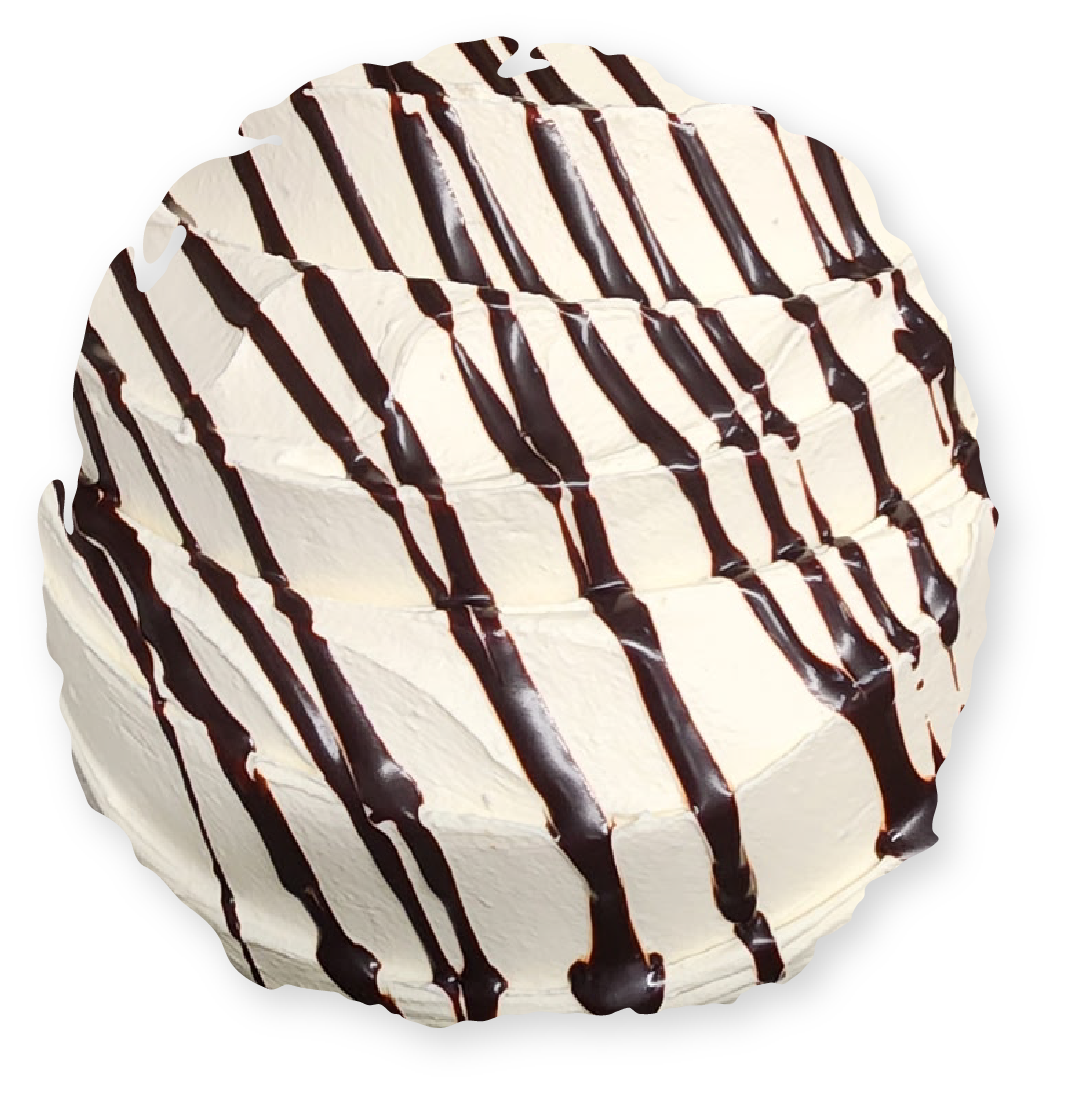 Three-tiered white cake with diagonal dark chocolate drizzle.