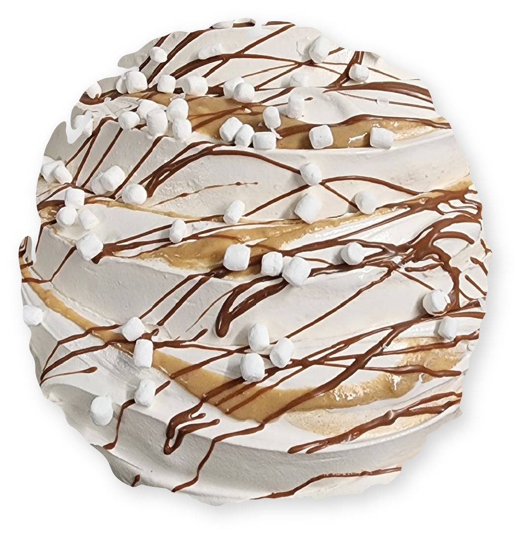 Ice cream sundae, white, with chocolate and caramel drizzle, marshmallows.
