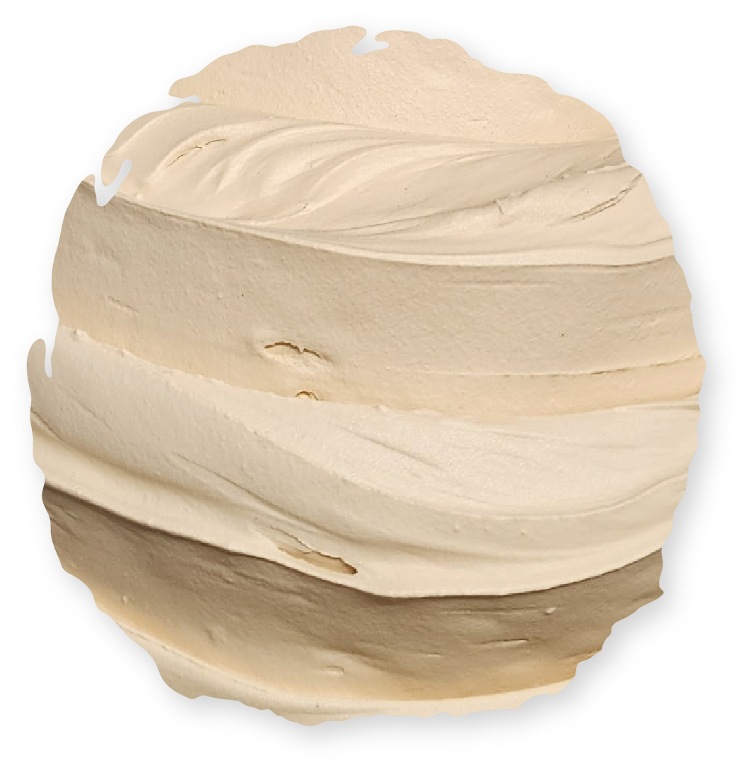 Swirled circle of light to dark beige, textured frosting.