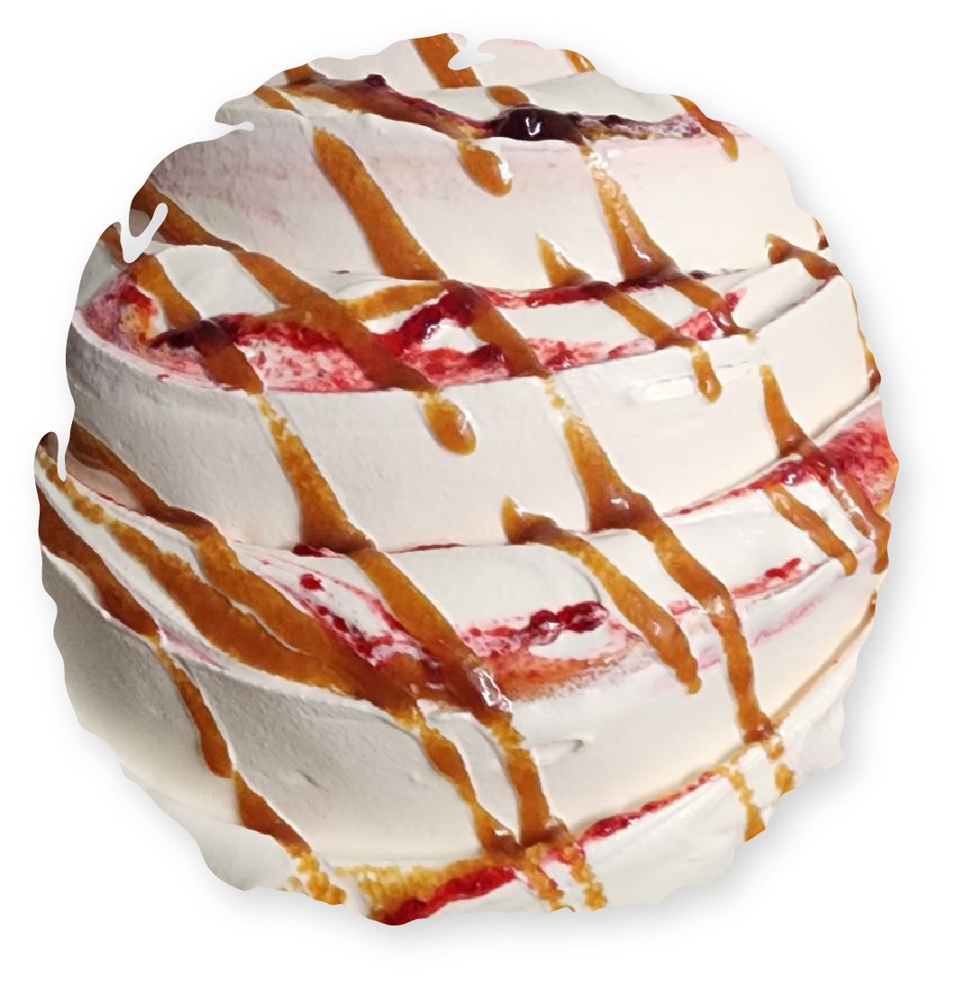Swirled ice cream with berry filling and caramel drizzle.