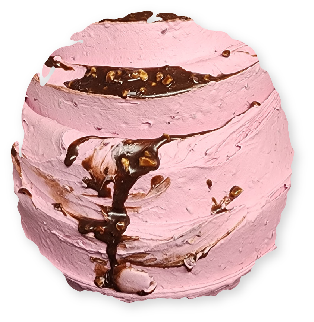 Pink ice cream ball drizzled with chocolate sauce.