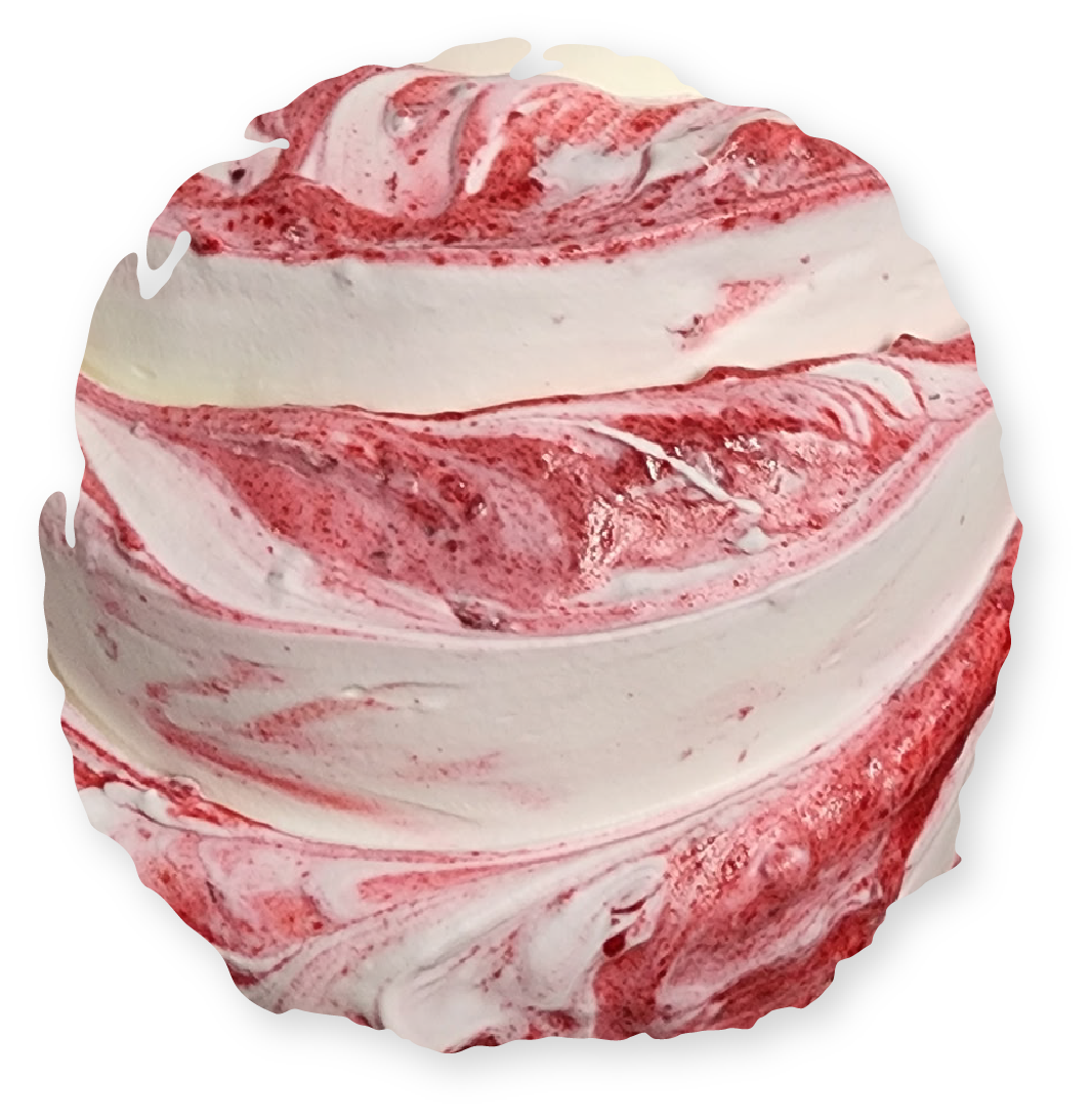 Swirled scoop of white ice cream with red berry ribbons.