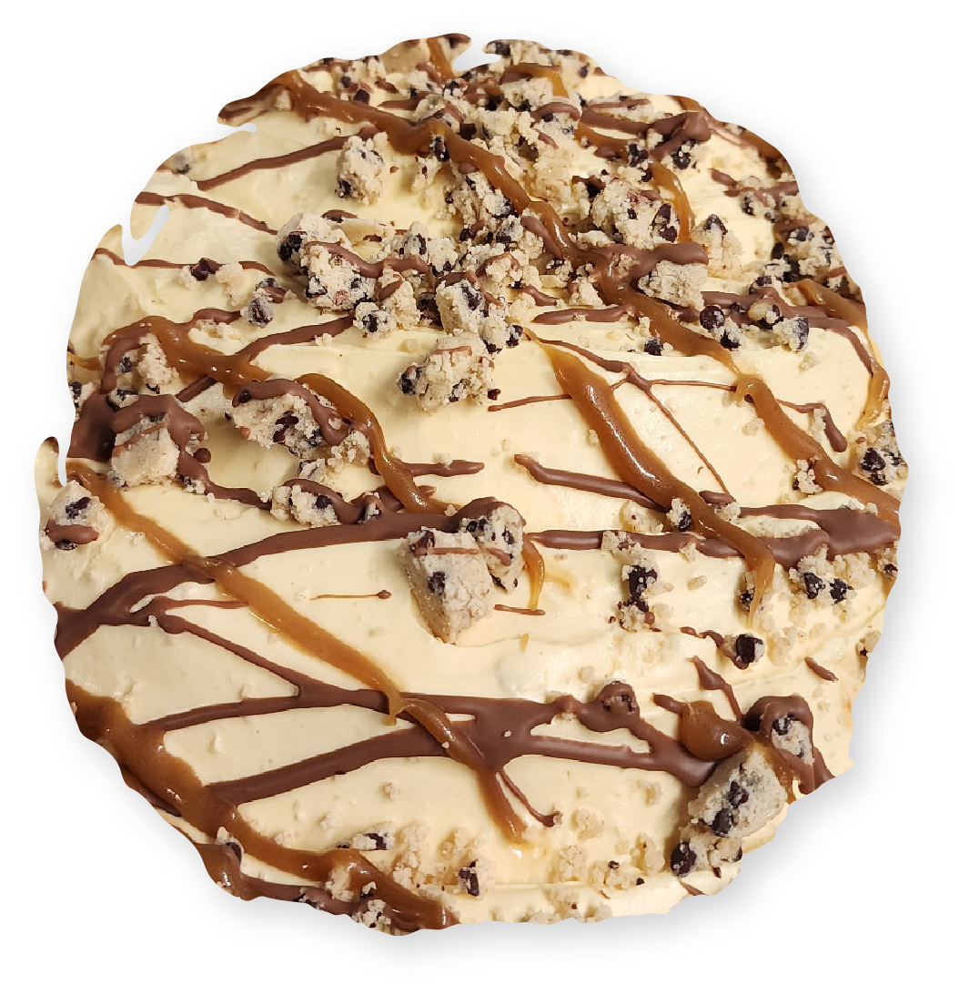 Chocolate glazed dessert. Dark brown with drizzles, textured surface.