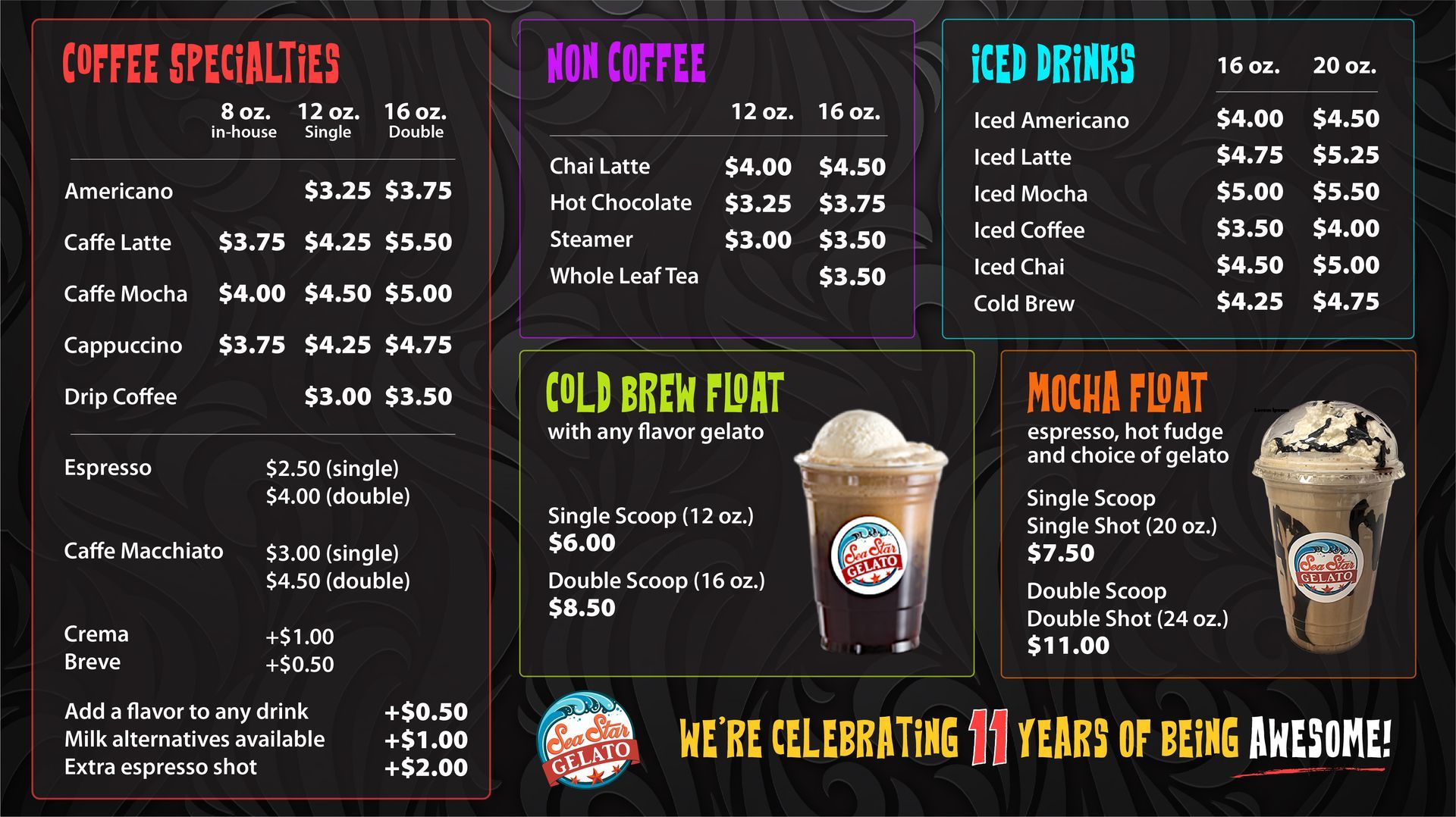 A cafe menu board with sections for coffee specialties, hot drinks, iced drinks, cold brew floats, and mocha floats.