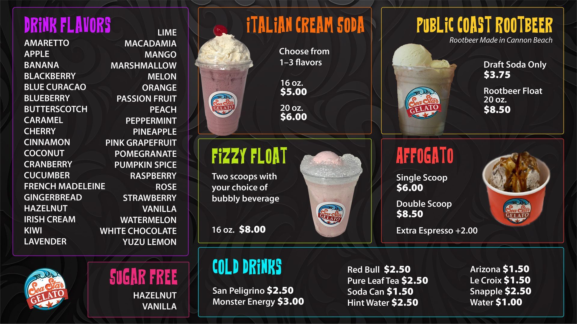 Menu board for a beverage shop featuring Italian cream sodas, root beer floats, affogato, and a list of syrup flavors.