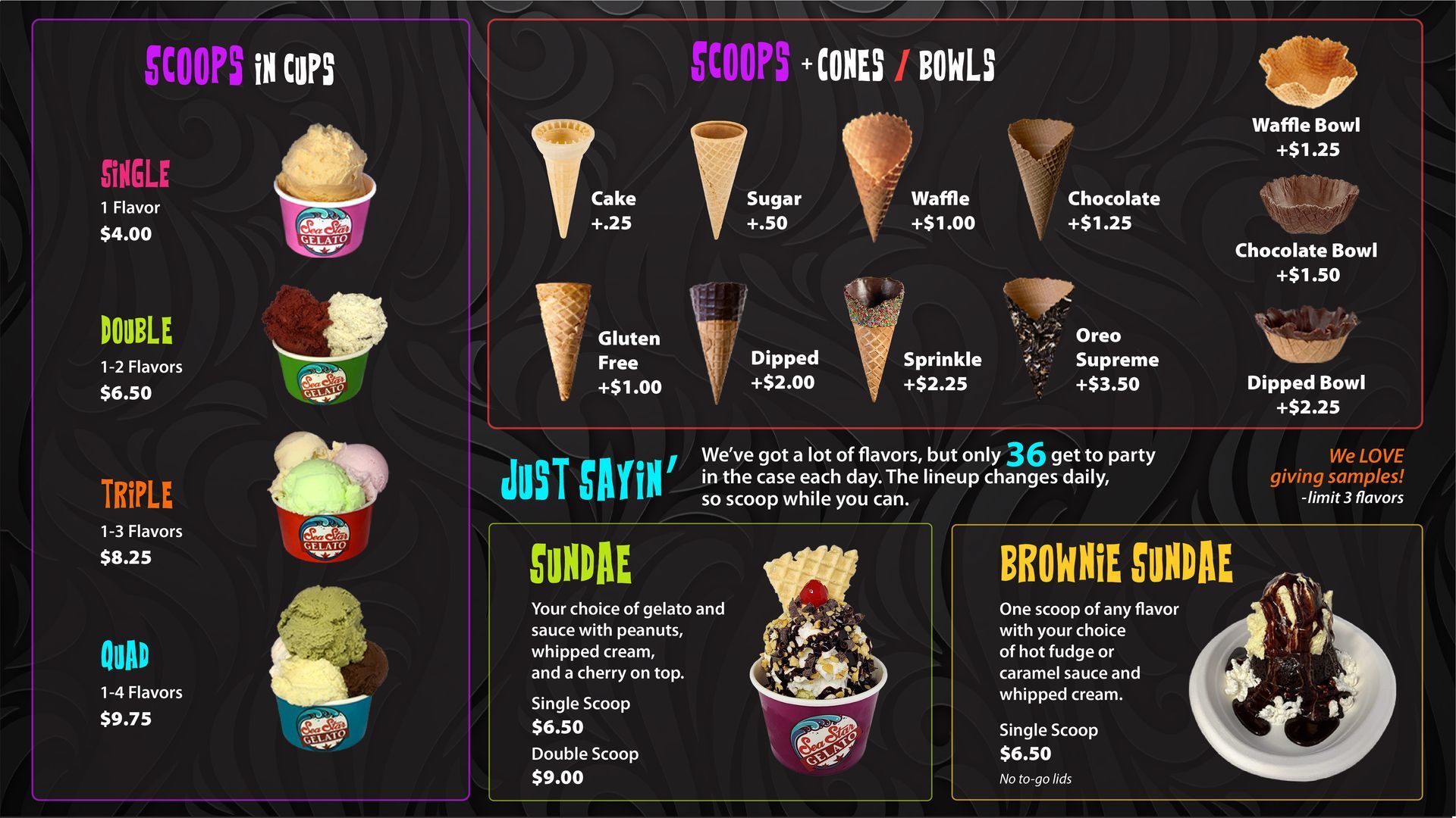 A colorful ice cream shop menu listing prices for cups, various cones, bowls, sundaes, and brownie treats.