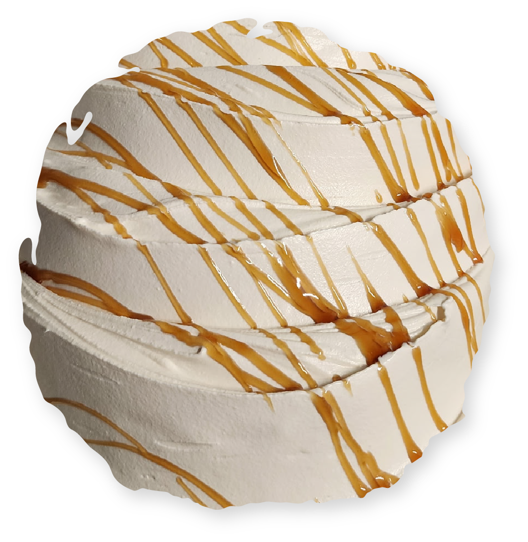 White cake with caramel drizzle.