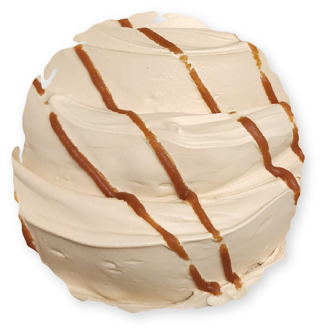Ice cream scoop with caramel drizzle.