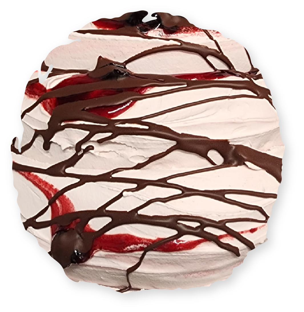 Pink dessert with chocolate drizzle and red filling.