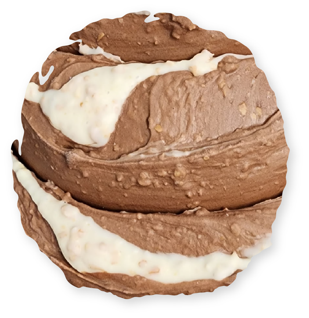 Swirled chocolate and vanilla ice cream with crunchy bits.