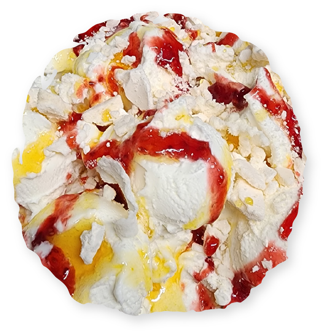 Pavlova dessert with meringue, whipped cream, and strawberry sauce.