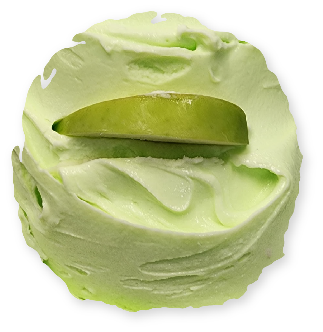 Scoop of pale green ice cream with a lime slice on top.