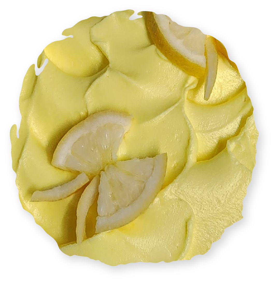 Lemon curd dessert, swirled yellow with lemon slices on top.