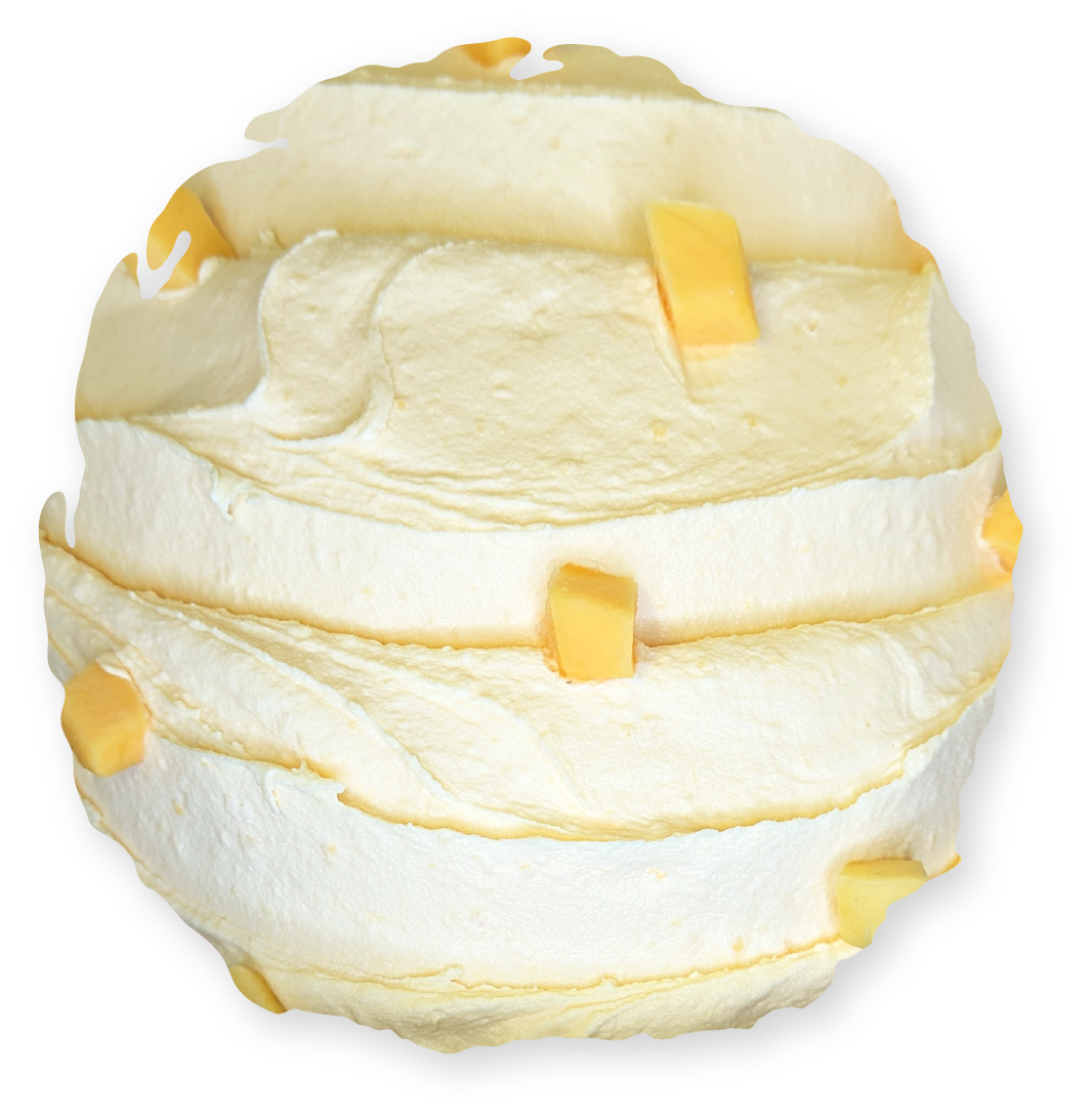 Scoop of vanilla ice cream with yellow mango chunks.
