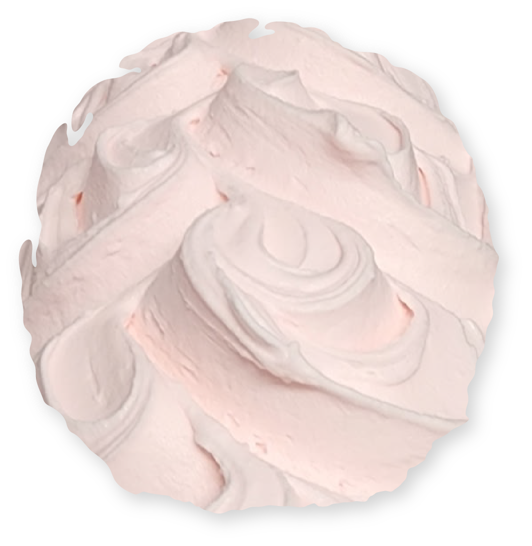 Swirled pink and white frosting, a rounded shape.