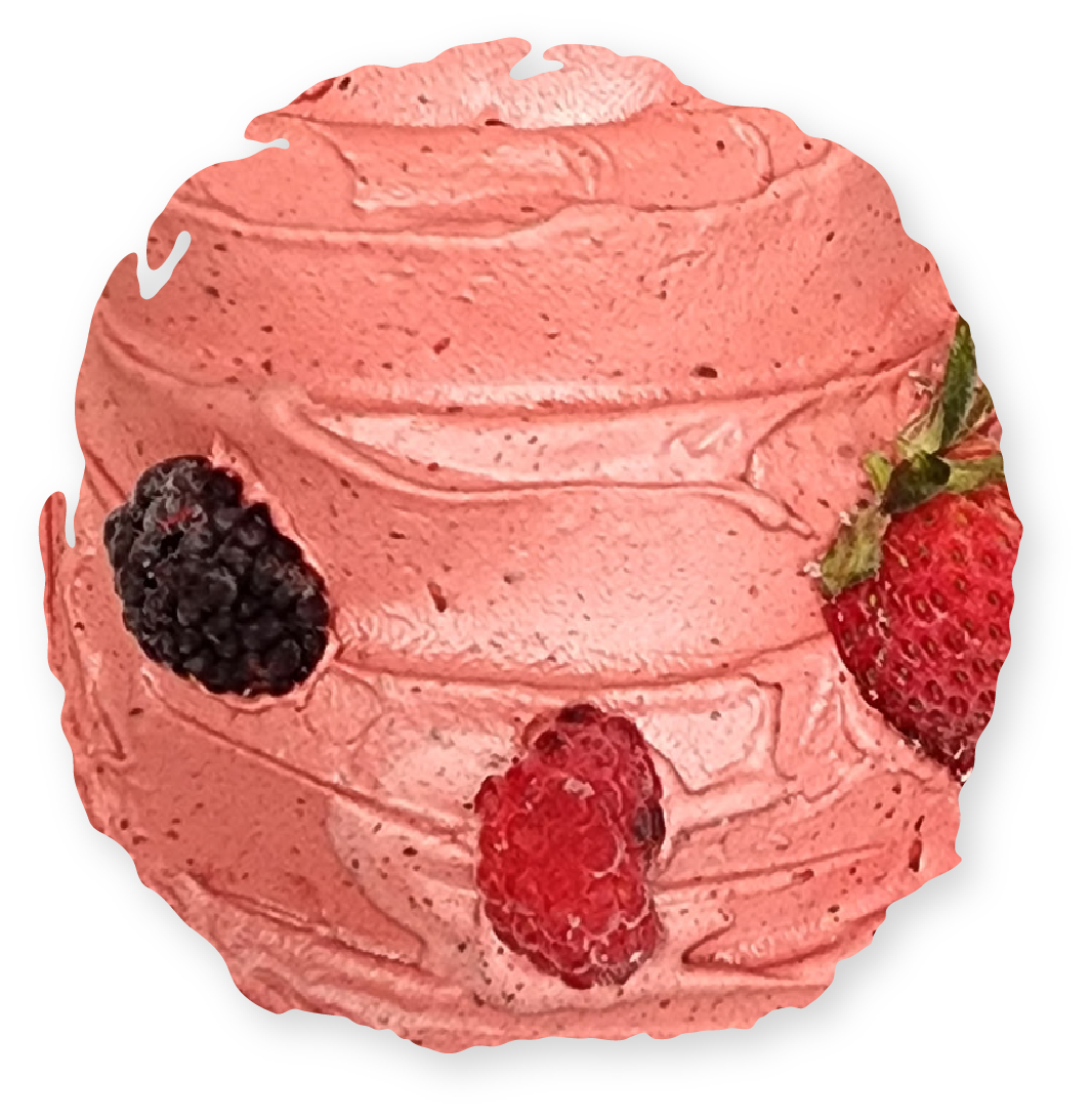 Pink dessert topped with berries: blackberry, strawberry, raspberry.