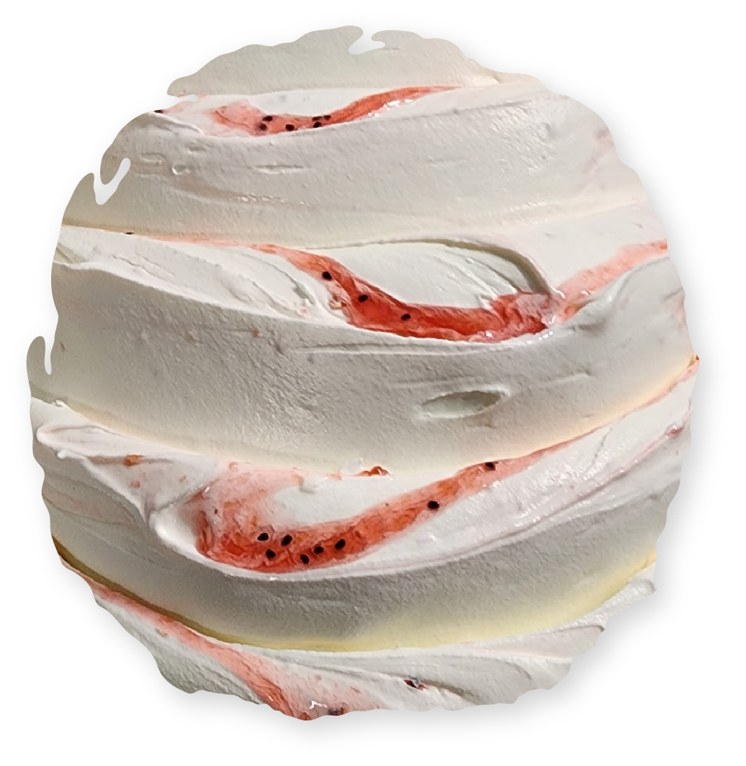 White ice cream swirl with red fruit swirl.
