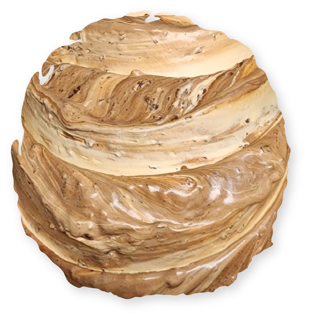 Swirled sculpture of layered, textured, brown and cream-colored material.