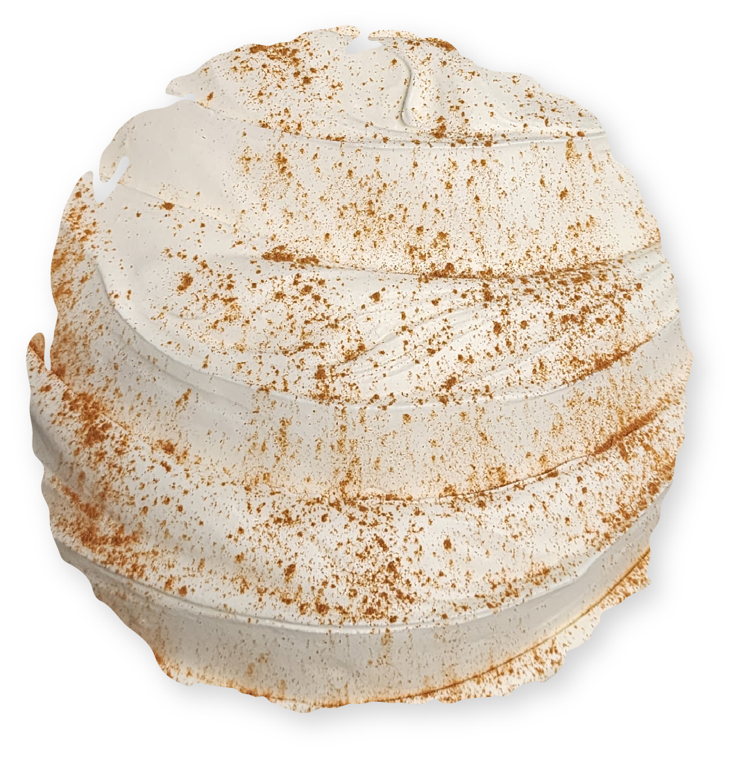 White, layered cake, dusted with cinnamon.
