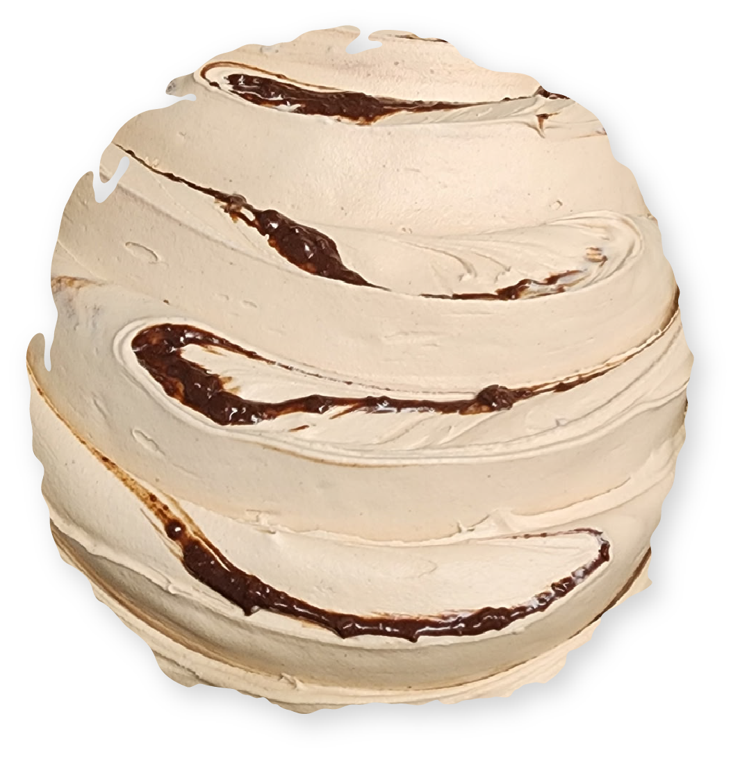 Swirled meringue dessert with chocolate streaks.