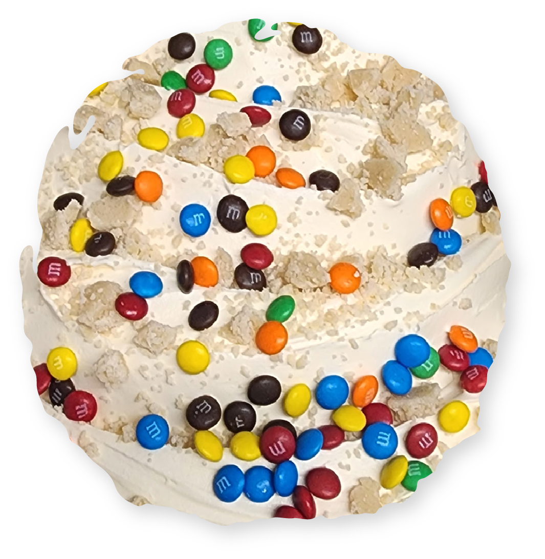 Vanilla ice cream with M&M candies and cookie crumble.