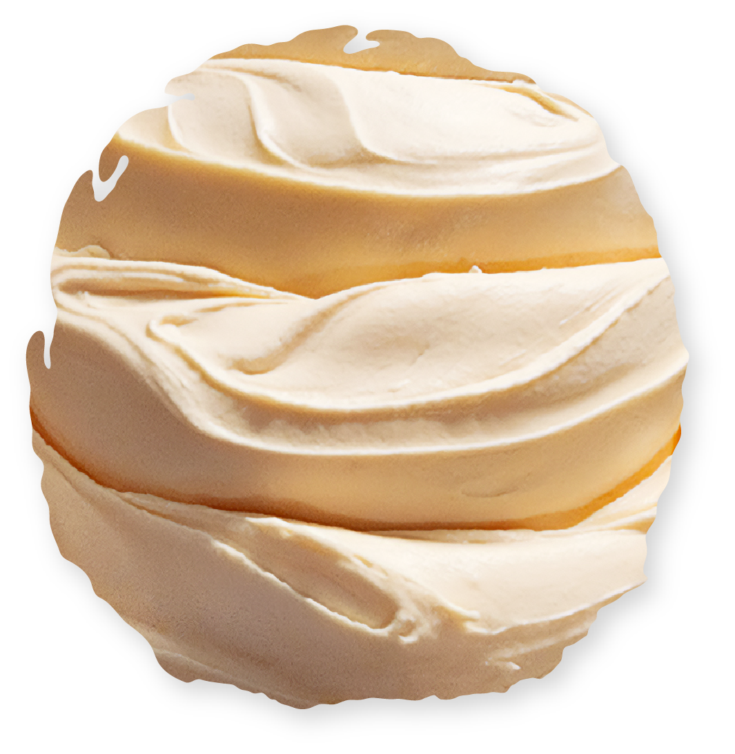 Swirled light-brown and cream-colored frosting, round-shaped.