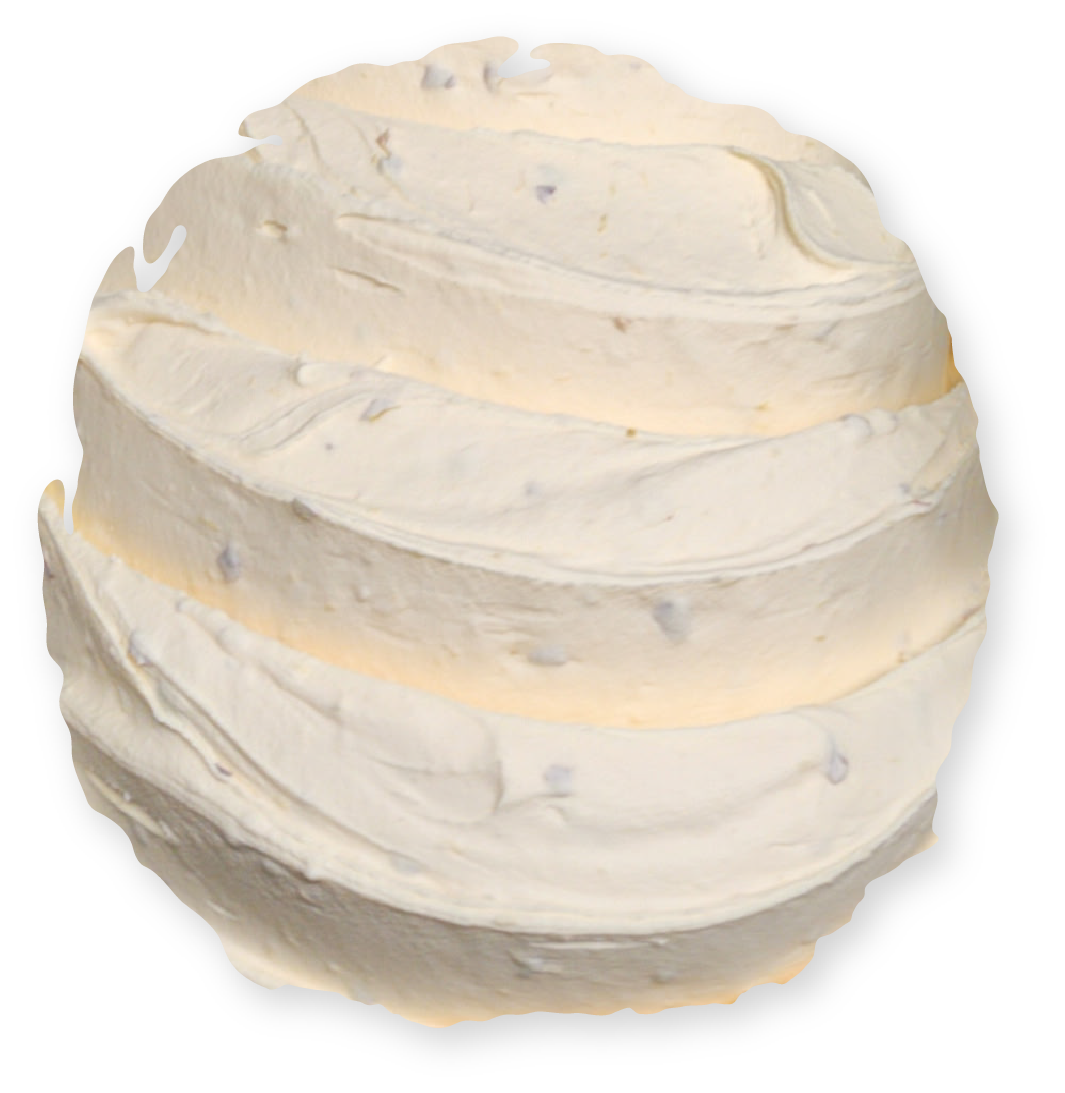 Swirled scoop of light-colored frosting, possibly vanilla, with small specks throughout.