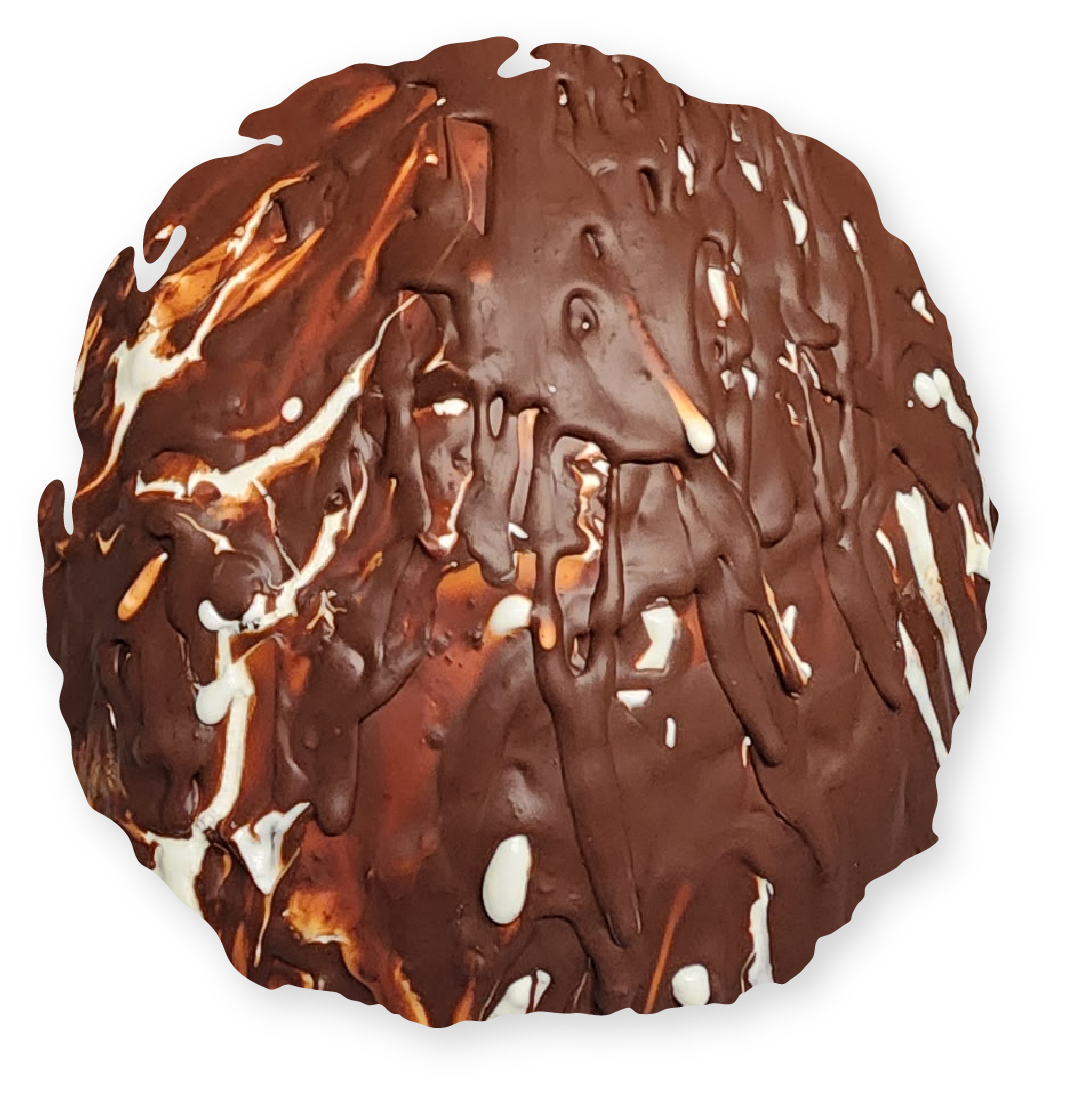 Chocolate-covered marshmallow treat with drippy dark chocolate over a light-colored, fluffy base.