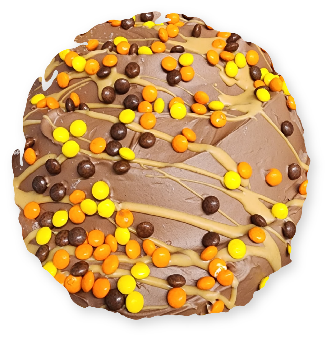 Chocolate-covered cookie with peanut butter drizzle and Reese's Pieces candies.