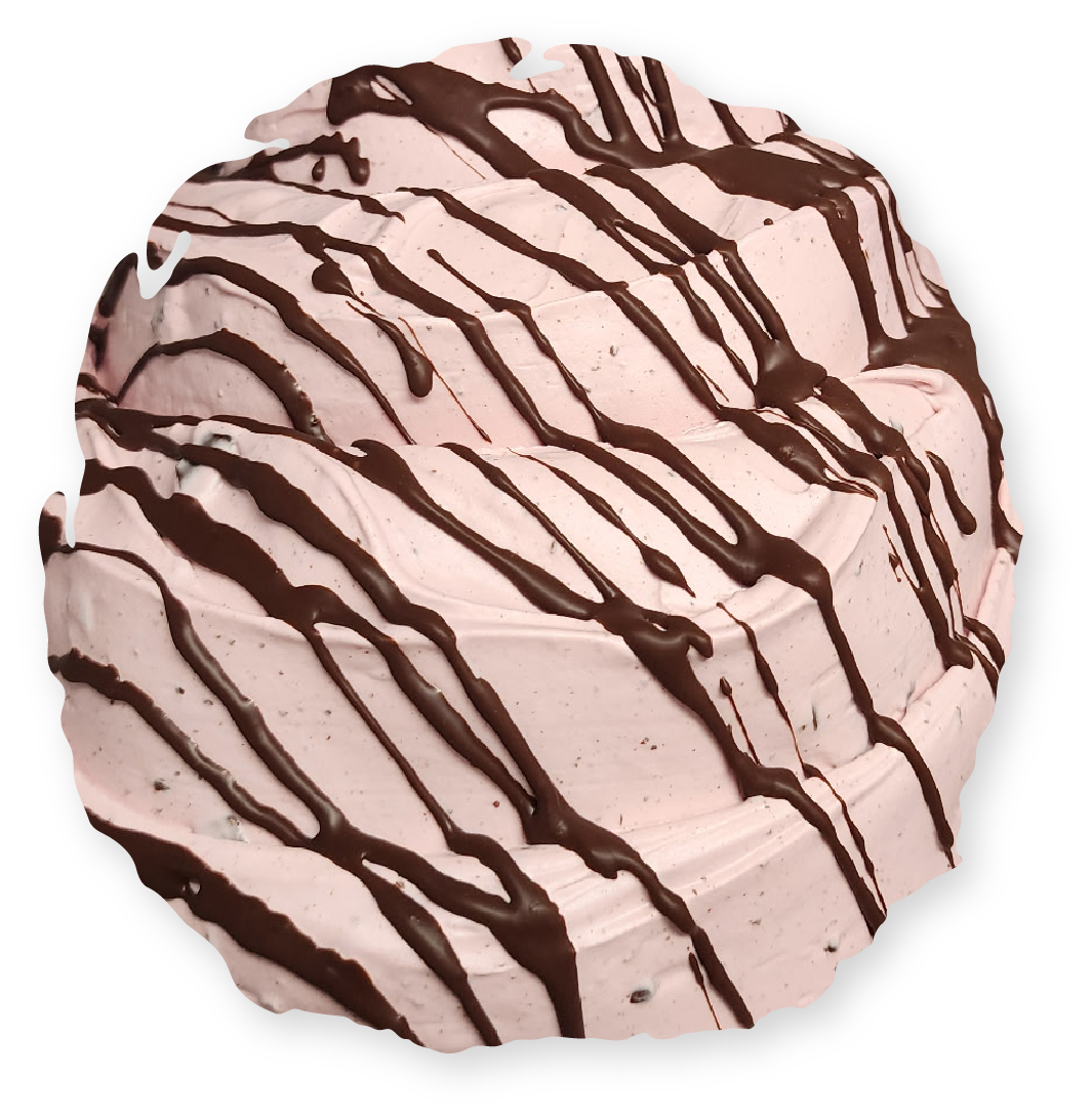 Pink ice cream with chocolate drizzle.