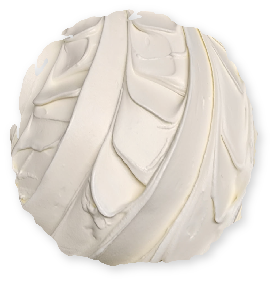 White, stylized leaf sculpture with curved bands and glossy finish.