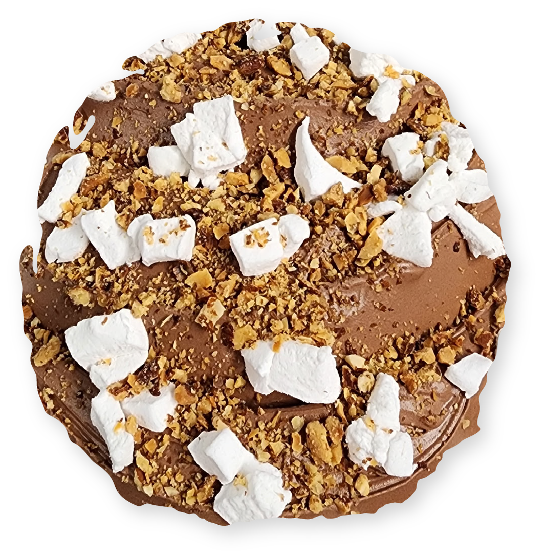 Chocolate dessert with marshmallows and crushed nuts on top.