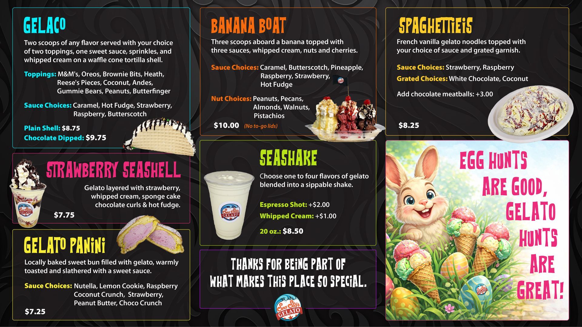 Menu featuring gelato desserts, shakes, and 