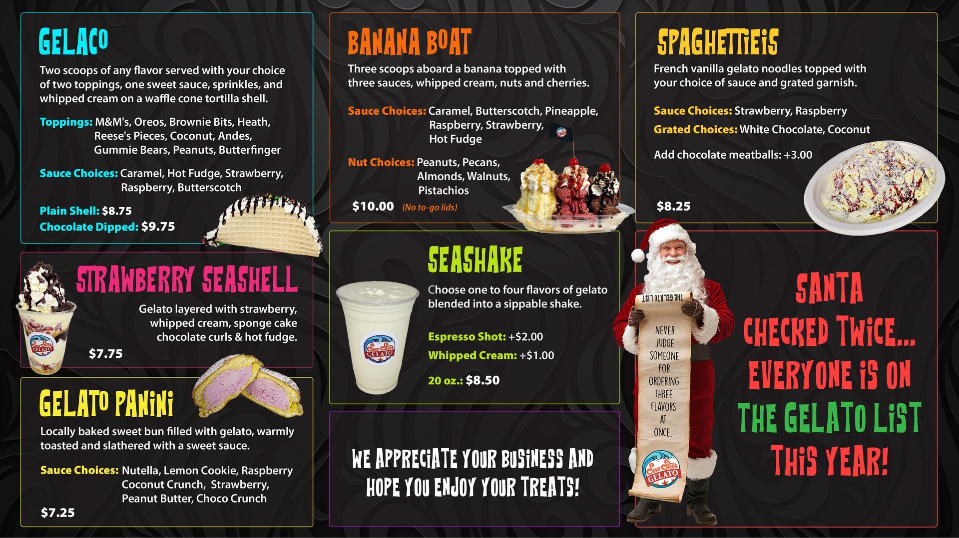 Menu board with gelato, banana split, spaghetti, waffles, and shakes.