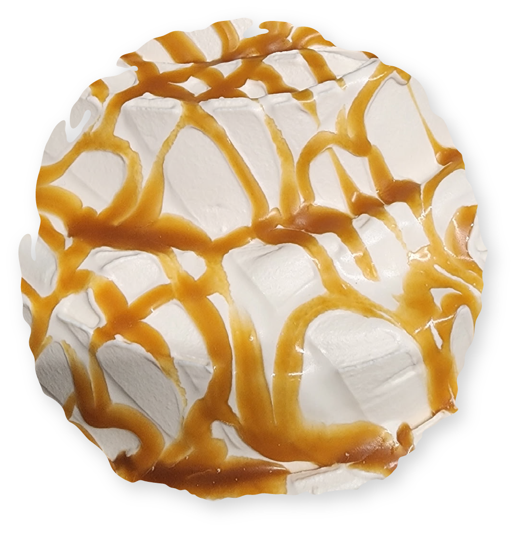 White dessert topped with caramel drizzle.