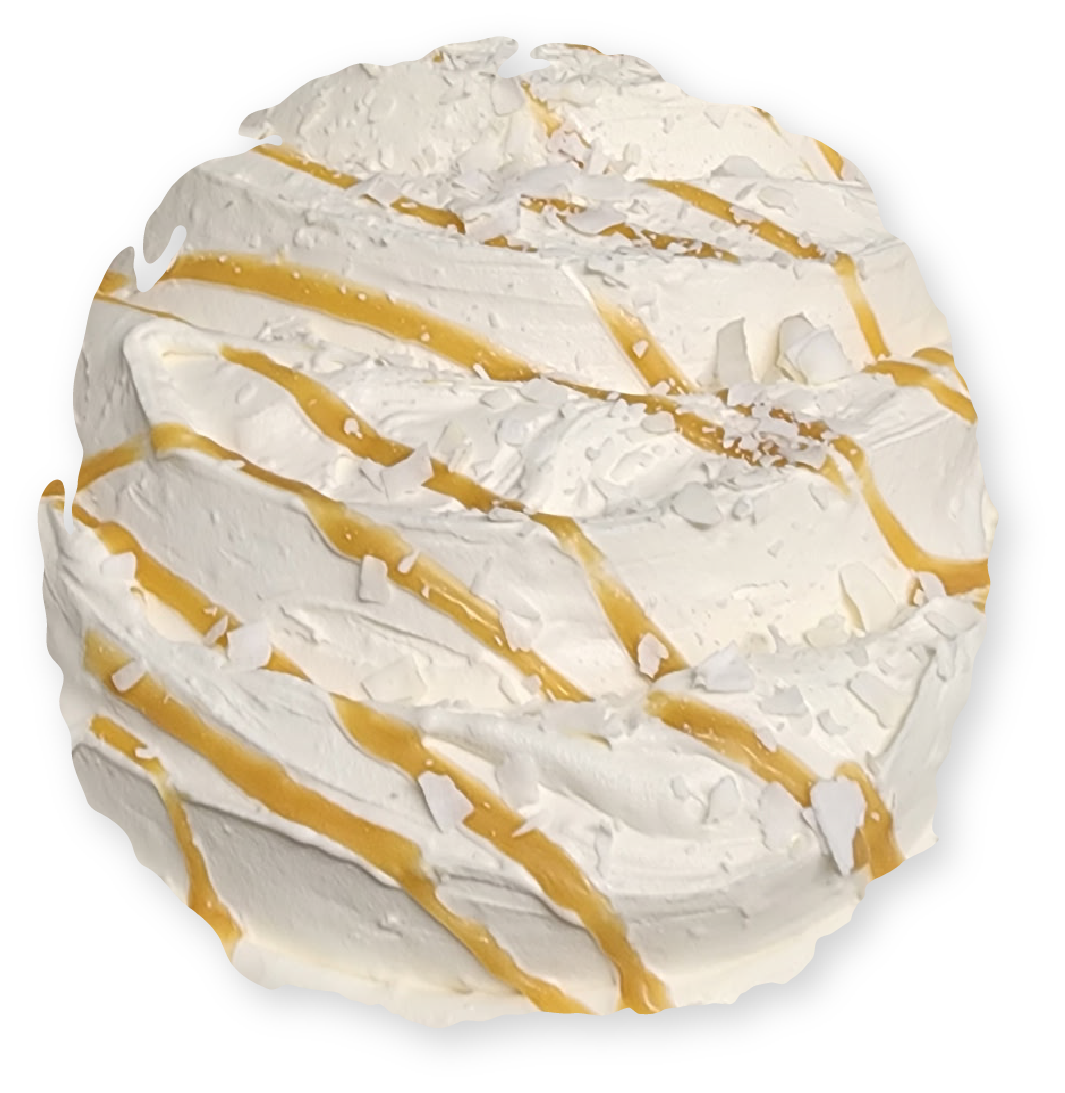 Scoop of vanilla ice cream drizzled with caramel and sprinkled with sea salt.