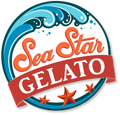A logo for sea star gelato with waves and stars