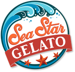 A logo for sea star gelato with waves and stars