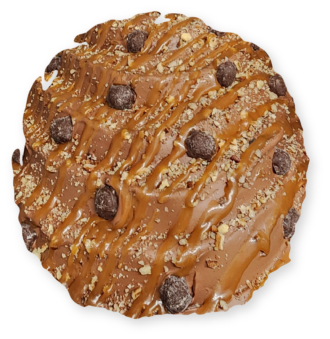 Chocolate cookie with caramel drizzle, chocolate chips, and nuts.