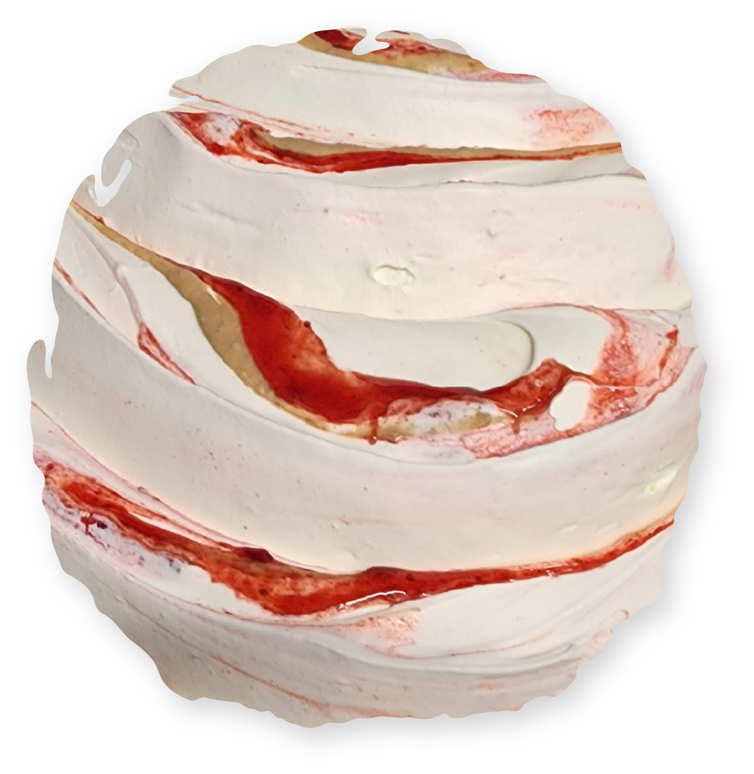 Swirled meringue dessert with red strawberry swirl.