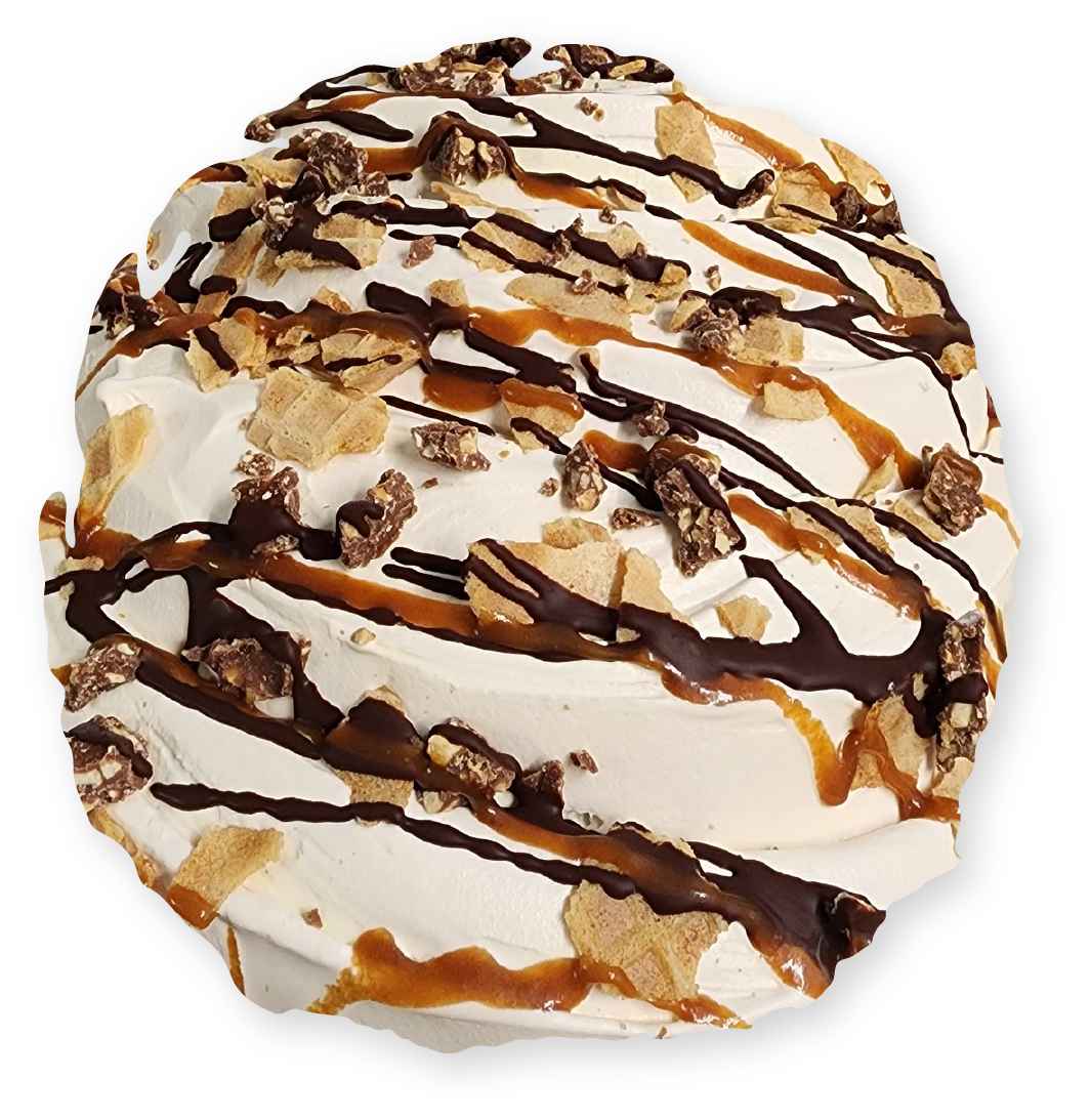 Ice cream swirl with caramel, chocolate drizzle, and chopped candy pieces.