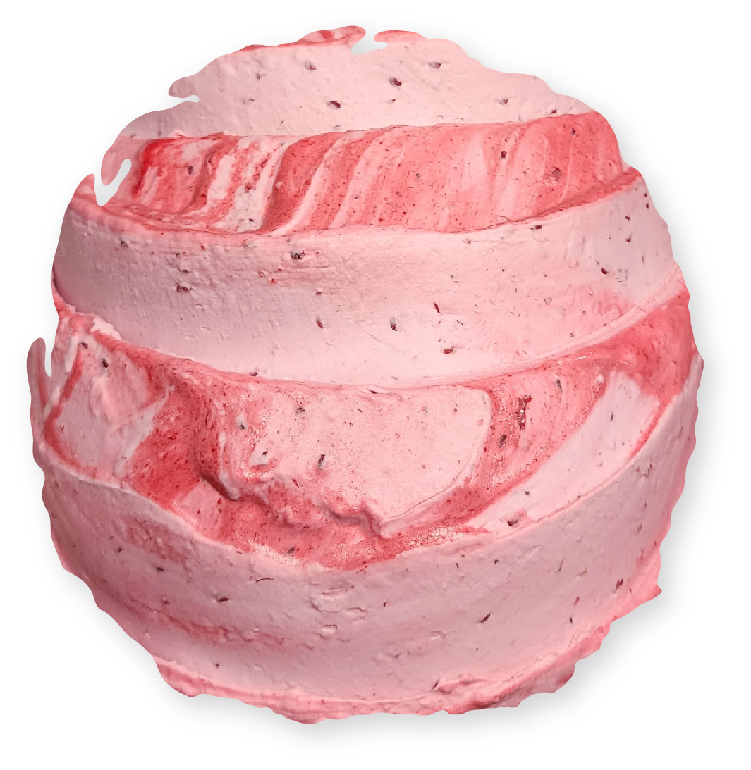 Pink and red swirled bath bomb.