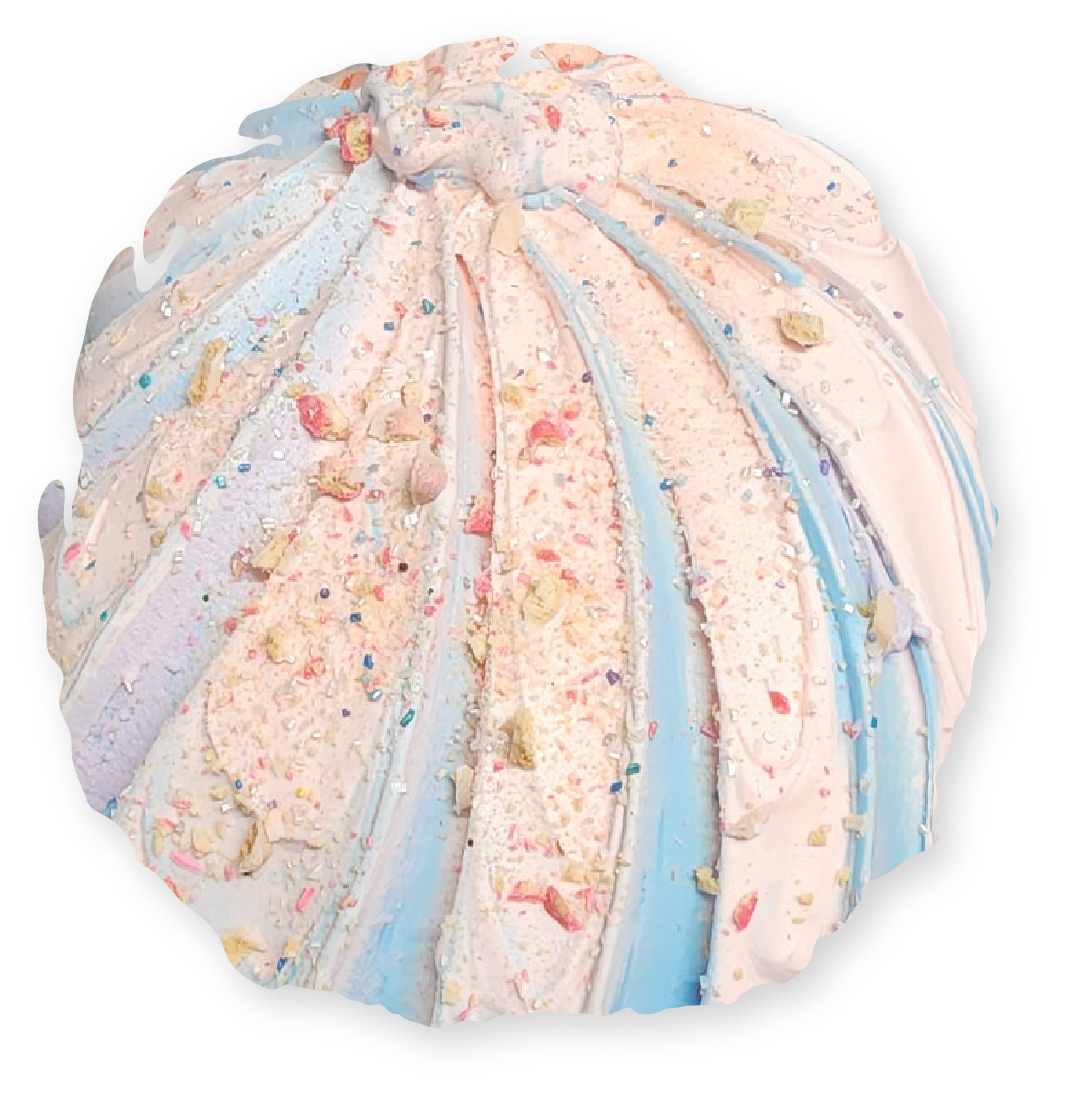 Confectionery dessert with layers of pastel pink, blue, and cream frosting, speckled with sprinkles.