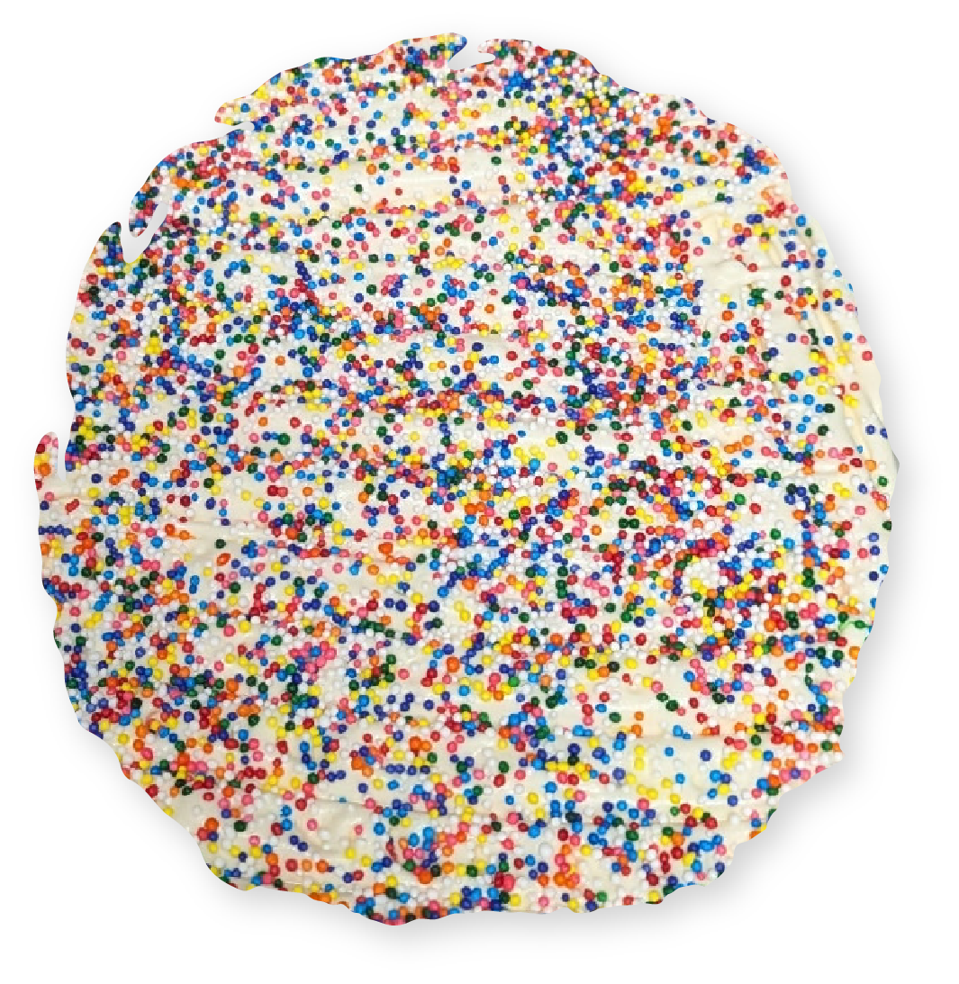 Frosted sugar cookie with colorful sprinkles.